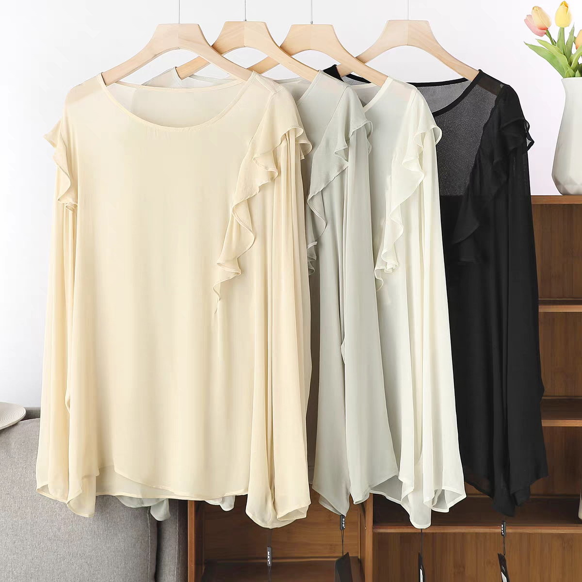 Summer Clothing Plus Size Women - French Elegant Long Sleeve Ruffle Shirt