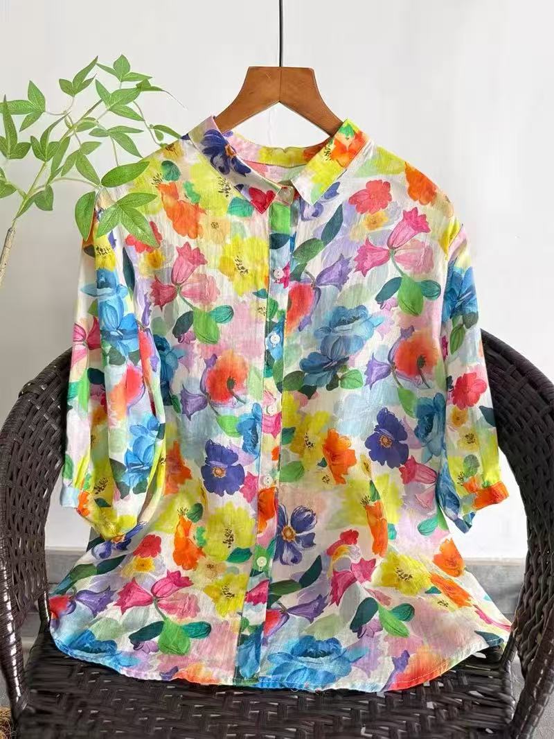 Japan Summer Clothing Women - 2026 Pure Ramie Print Shirt Women
