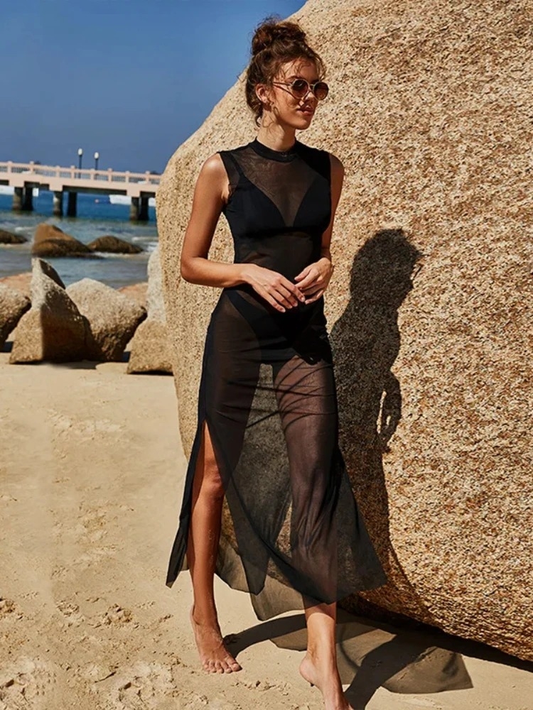 See Through Mesh Long Dresses  - Summer Gauze Clothing บทวิจารณ์และราคา